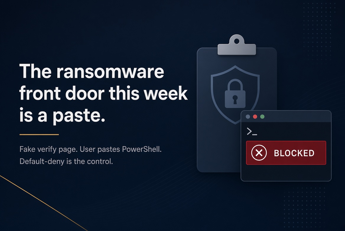 Darthtech_'s tweet photo. ClickFix doesn’t need malware.
It needs permission to run.

Fake “verify” page → staffer pastes PowerShell → ransomware.

Training won’t catch every paste.
Default-deny will.

If the Run dialog can execute whatever a webpage copied, the exam question writes itself. https://t.co/NGNL20FpHo