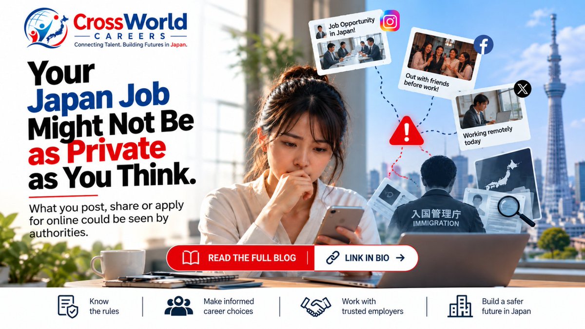 CWcareers's tweet photo. 👀 Your Japan job might not be as private as you think.

Japan is strengthening measures around foreign employment and immigration compliance. But what does that mean for workers and businesses connected to Japan?

Read the full story: https://t.co/sZS9En1brq

#Japan #JapanJobs https://t.co/L3DKZqTZbq