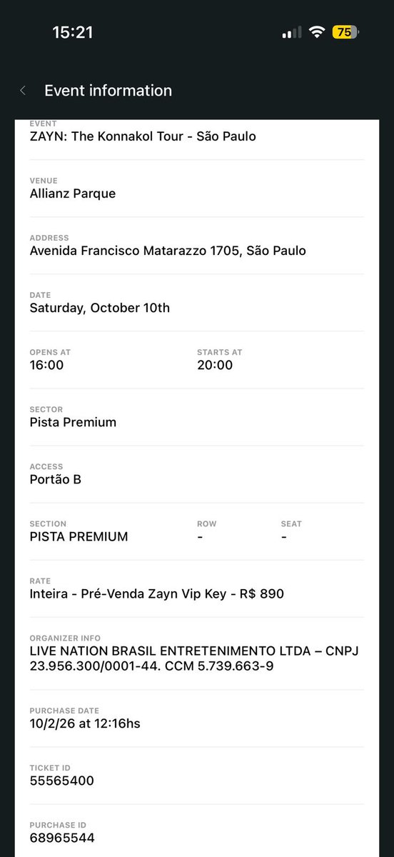 alwaysloml16's tweet photo. gente, preciso vender dois ingressos pro show do zayn no allianz, 2 pista premiums inteira e vamos vender sem a taxa do ticketmaster então será R$890,00 (aberta a negociacão). não é golpe, já está liberado para transferir. por favor compartilhem e me ajudem ❤️❤️ https://t.co/yF2lKgrrmR