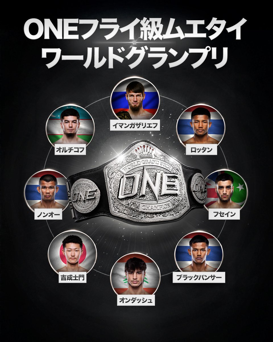 ONECHAMPJP's tweet photo. 🏆 ONEフライ級ムエタイ世界GP開幕 🏆

世界屈指の8人が、ひとつの頂を求め集結！
現世界王者イマンガザリエフ、オルチコフ
ロッタン、ノンオー
そして日本から士門が電撃参戦🎌

最後に栄光を掴むのは、一体誰だ🤔

#ONEチャンピオンシップ #ムエタイ https://t.co/qnKwruO4FC
