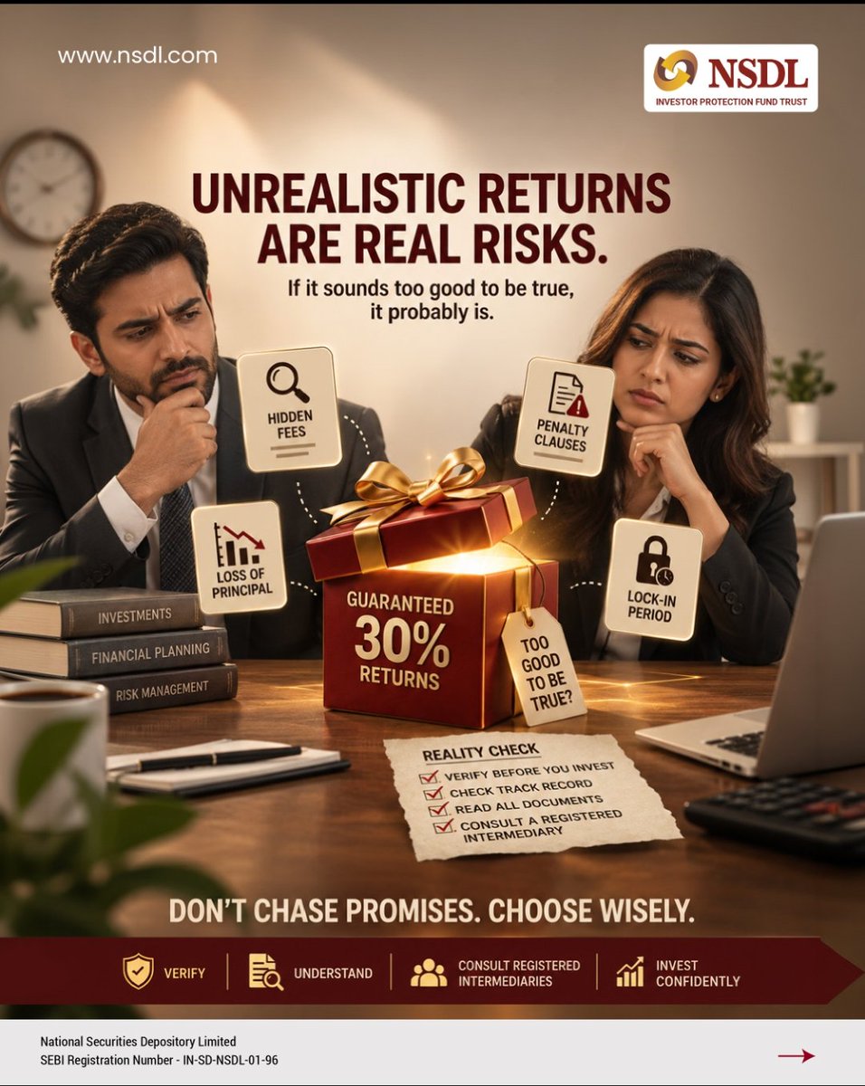 NSDL_Depository's tweet photo. High returns? Guaranteed returns? Unrealistic returns?
Don’t let the numbers do the convincing.
Pause. Verify. Understand. Then invest.
#SEBIvsSCAM #InvestorProtection #InvestorAwareness #StayAlert #NSDL https://t.co/B1xz2eHJSQ