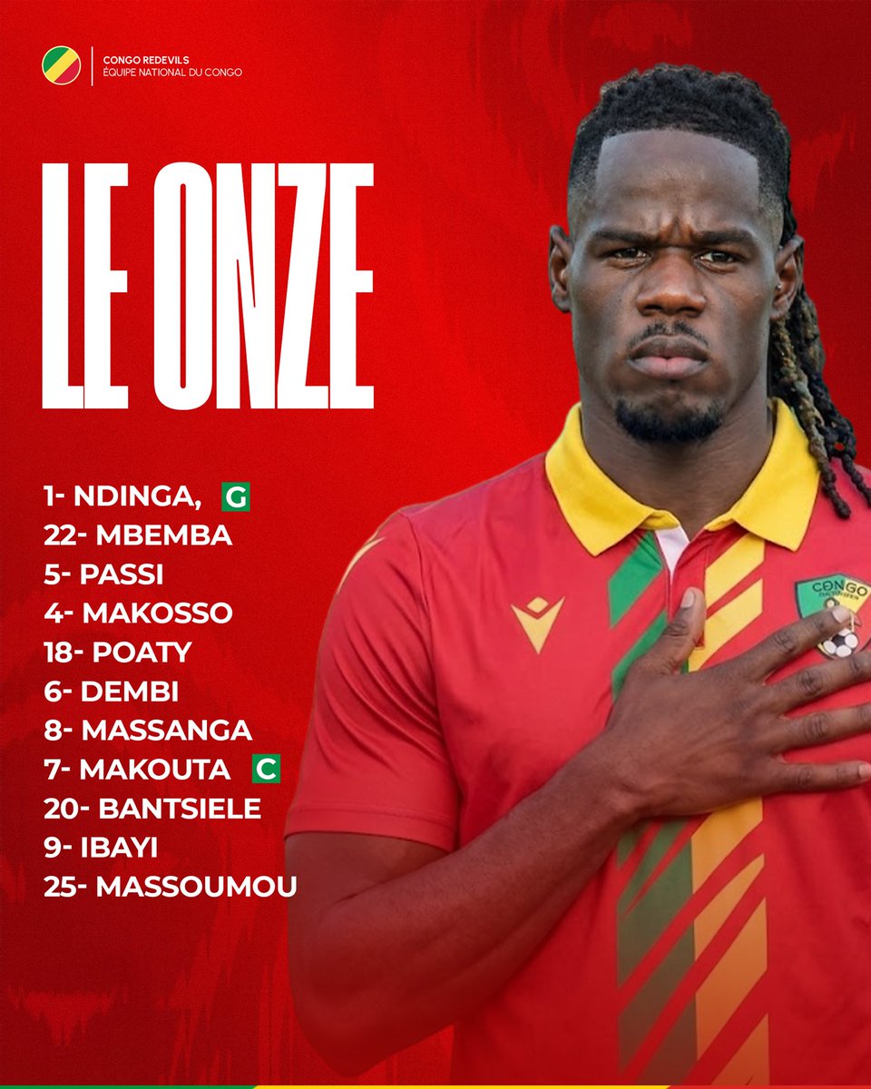 congoredevils's tweet photo. 𝑳𝑬 𝑶𝑵𝒁𝑬 ⚡️

Voici le 11 de départ qui affrontera la Namibie lors de cette première journée de #TotalEnergieAFCON2027 Qualifiers ! 

𝙊𝙉 𝙔 𝙑𝘼, 𝙋𝙊𝙐𝙍 𝙇𝘼 𝙉𝘼𝙏𝙄𝙊𝙉 ! 🇨🇬

#congoredevils https://t.co/tHc2MyMqiL