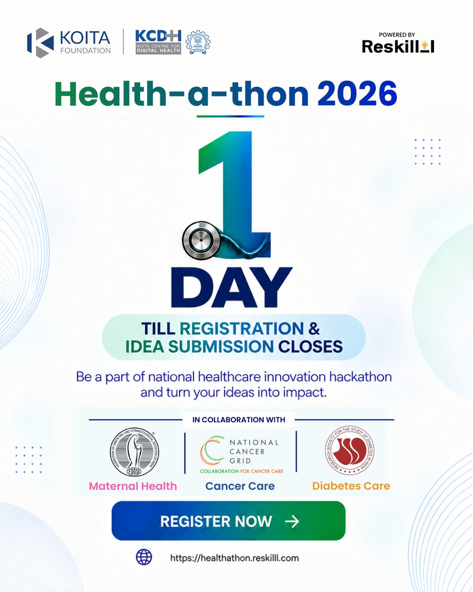 Reskilll's tweet photo. 🚨 Just 1 Day Left!

The countdown is almost over for Health-a-thon 2026! ⏳

Have an idea that could help solve real-world healthcare challenges? This is your final opportunity to turn that idea into action and contribute to the future of healthcare innovation. 💡

Whether you’re a student, healthcare professional, researcher, innovator, or entrepreneur — your idea has the potential to create impact.

📢 Registration & Idea Submission close in just 1 day! Don’t miss the deadline. 

Register now and turn your idea into impact.
🔗 https://t.co/WSNaL0LXwv

#Healthathon2026 #HealthcareInnovation #HealthTech #Innovation