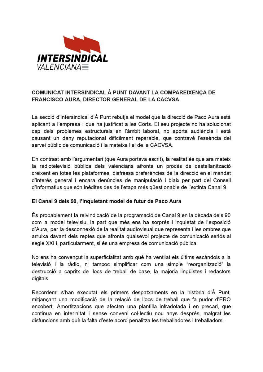 InterApunt's tweet photo. ⚫️ Molt preocupats per la falta d'explicacions de Paco Aura en les Corts sobre els escàndols d'À Punt i per la seua reivindicació de la tele dels 90 de Canal 9 com a projecte de futur, en ple segle XXI.

COMUNICAT Intersindical À Punt⬇️ https://t.co/Uml5daxQlp
