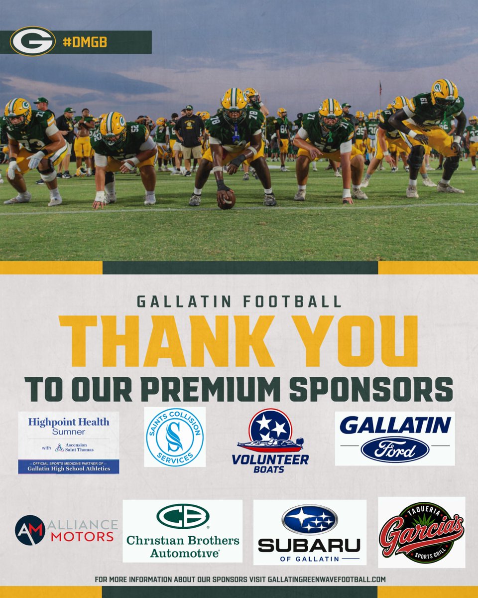 GHSWaveFootball's tweet photo. A huge THANK YOU to our Gallatin Football Premium Sponsors!

Your continued investment in our players and program helps make Friday nights possible. We’re proud to have you behind the Green Wave!

Support those who support the Wave! 💚💛🏈

#GWP #DMGB https://t.co/2A38FCkO1A