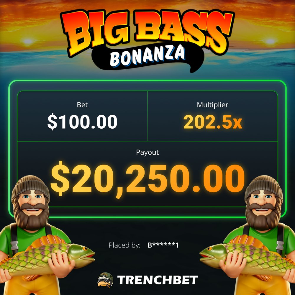 trenchbet's tweet photo. The weekend hasn’t even started and the Trenches are already popping. Player B******1 hopped back in the fishing boat, fired up Big Bass Bonanza, and landed $20K on a $100 bet!

The $4K Leaderboard is wide open too, just $20K wagered puts you in 2nd for a shot at $1,000. https://t.co/NI9FbGV0hk