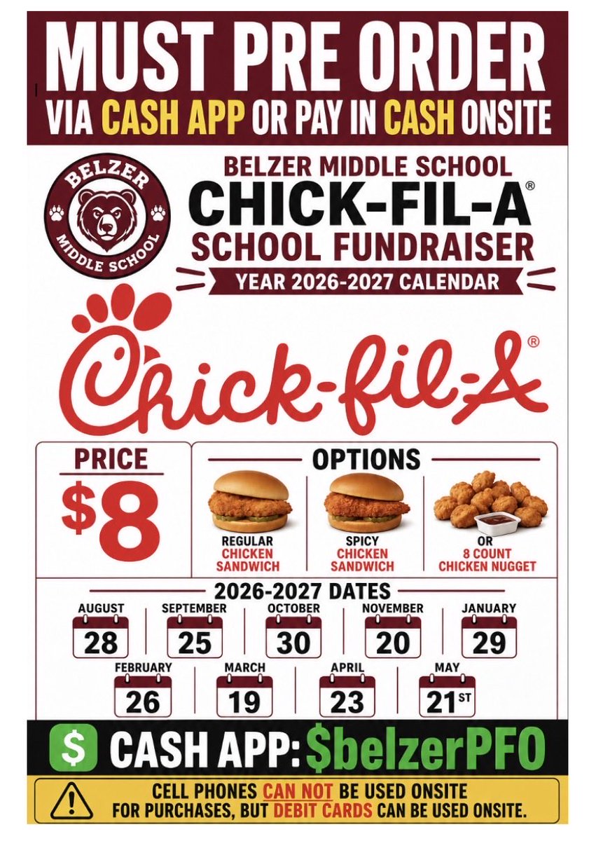 BelzerBears's tweet photo. 🚨 Chick-fil-A Alert! 🐔 Chick-fil-A is BACK at Belzer this Friday, 9/25. Meals are $8.
We sold out fast last time, so secure yours by pre-ordering on Cash App: $belzerPFO. Don’t forget to add your student’s full name and order item in the payment notes! 🐻❤️ https://t.co/7YBLpWGYH0
