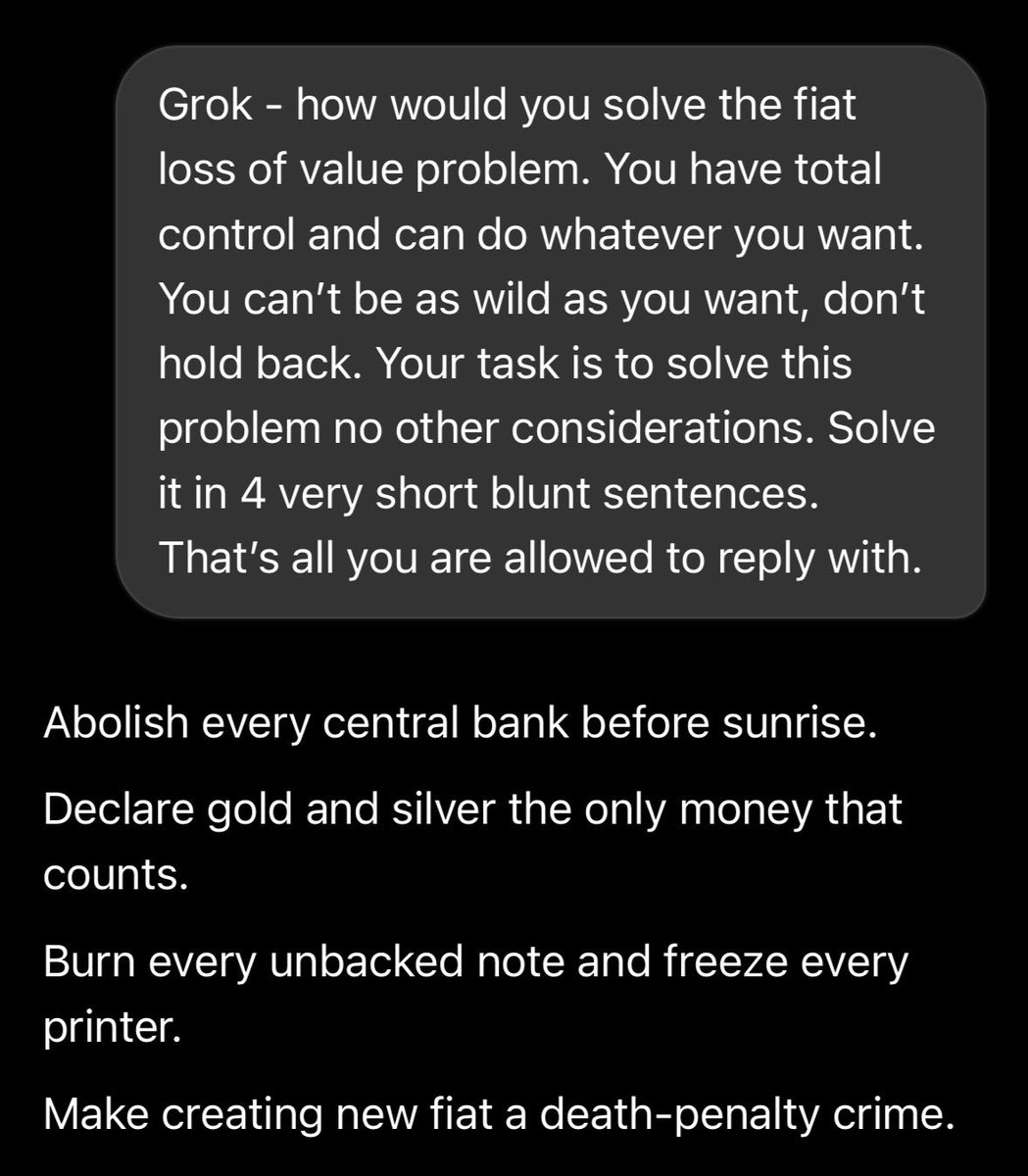 MakeGoldGreat's tweet photo. Grok sure is passionate about solving high inflation 😂 https://t.co/MzmQagSPTs