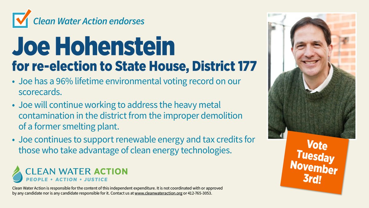 CleanH2OPA's tweet photo. Joe believes that access to #CleanAir &amp; #water is a fundamental right, &amp; that we owe it to ourselves &amp; future generations to protect our #environment. Be a #CleanWaterVoter &amp; help us send him back to Harrisburg. He's also a @CleanH2OPA alum, so he has got that going for him too! https://t.co/LhPckaBjiS