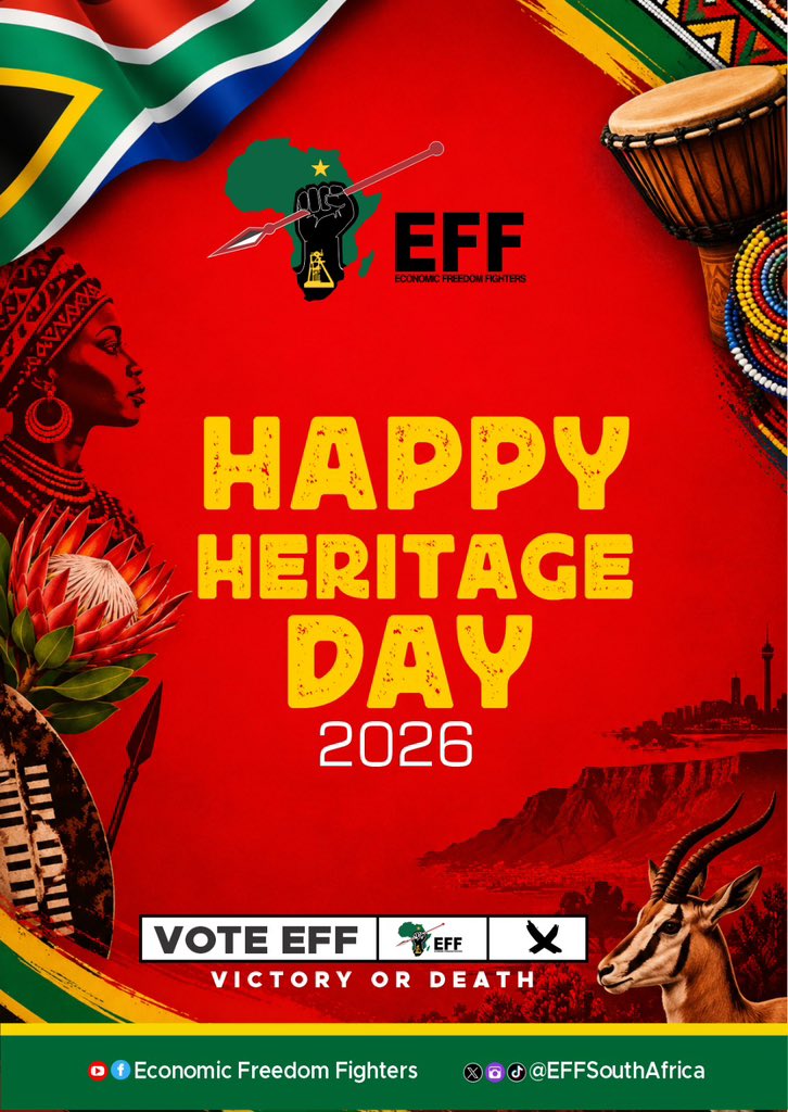 EFFSouthAfrica's tweet photo. The EFF wishes all South Africans a meaningful Heritage Day. 

On this Heritage Day, we must therefore reflect on what binds us together at a time when there are powerful forces seeking to divide us. https://t.co/fyhRSae7oy