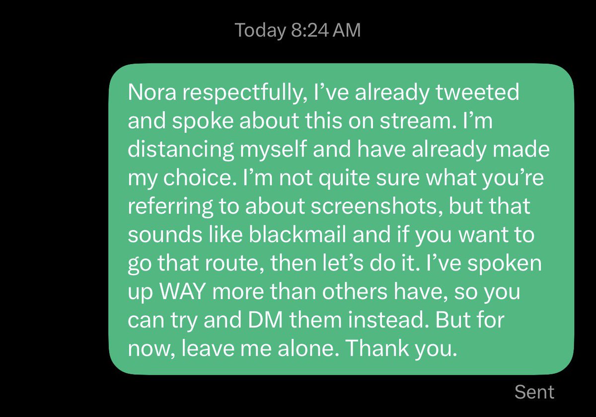 RaidAway's tweet photo. Hey @norainthefuture if you can leave me alone moving forward that would be great. 

Nora has been nonstop DMing me about a situation I have already spoken about MULTIPLE times and have already made a public decision about what I want to do moving forward. Your words are extremely harsh and disturbing towards me.