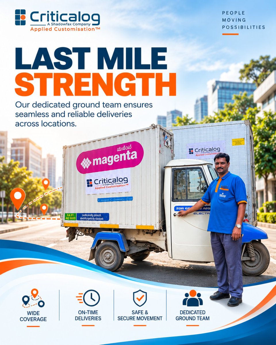 CriticaLog's tweet photo. From our hubs to the final destination, @CriticaLog keeps critical shipments moving with speed, precision and reliability. 

#Criticalog #Shadowfax #AppliedCustomisation #LastMileLogistics #CriticalLogistics #TeamCriticaLog #DeliveryExcellence #Logistics #SupplyChain https://t.co/4ph7k2cdle