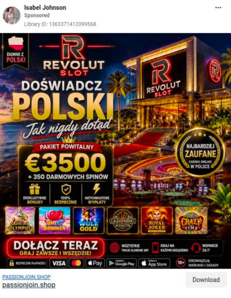 150proc's tweet photo. W oszukańczych reklamach na Facebooku wykorzystano markę @Revolut  do promowania fikcyjnego „Revolut Casino”, rzekomych bonusów i aplikacji do pobrania.

To nie ma nic wspólnego z oficjalną ofertą marki. Użytkownik jest kierowany na zewnętrzne strony, gdzie ryzykuje utratą danych i pieniędzy przez instalację podejrzanego oprogramowania.

Takie reklamy dokumentujemy w #ScamWatch.

Pełny raport dosępny na stronie https://t.co/FJ0NPx6aqg

#150procent #Meta #BigTech #scam