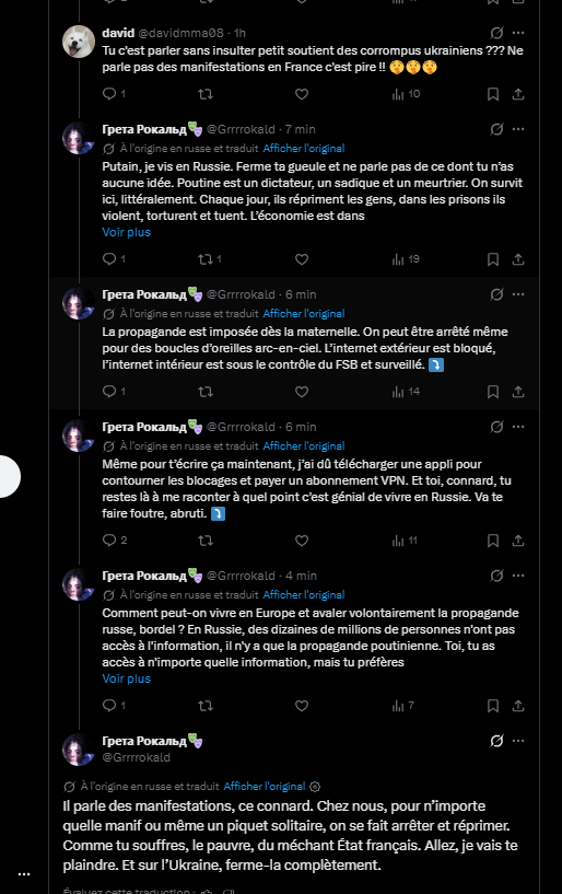 DutinEric15494's tweet photo. 🛑 Quand un Russe remet un petit Français pro-russe face à la réalité

Un Français explique tranquillement à un Russe que la France serait répressive et que l’Ukraine serait corrompue. 

👉Mauvais client.

Le Russe lui répond qu’il vit, lui, sous Poutine : 
🔸arrestations pour une simple manifestation, 🔸surveillance du FSB, 
🔸Internet censuré, 
🔸VPN nécessaire, 
🔸répression et propagande omniprésentes.

👉 Et sa conclusion est assez savoureuse : 
comment peut-on vivre en Europe, avoir accès à toutes les informations, et choisir malgré tout d’avaler volontairement la propagande du Kremlin ?

Quand le fantasme pro-Poutine rencontre quelqu’un qui vit réellement en Russie, la collision est assez brutale.

Le plus succulent c'est que ce petit français conclue ainsi  an s'adressant au russe: 

" ferme la 🤫🤫🤫🤫"