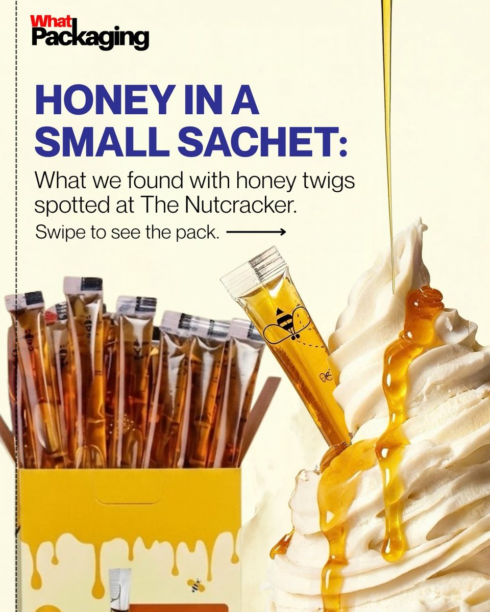 WhatPackaging's tweet photo. How do you eliminate the sticky jar mess from a sticky pantry staple? 

Honey Twigs solved it with single-serve sachet packaging, spotted at The Nutcracker. 

A clean case study in functional packaging design. 

#fmcg #packagingdesign #retailinnovation https://t.co/4Oi6C97Use