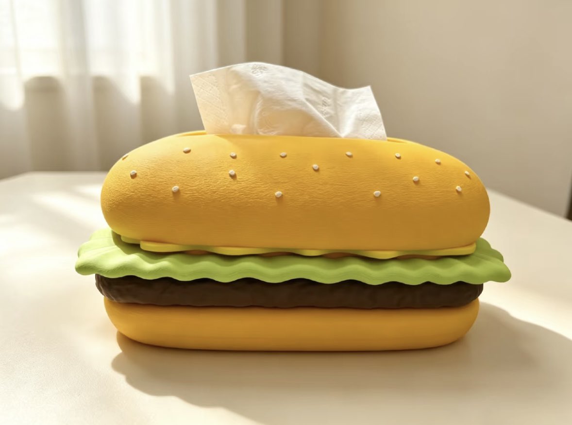 Michi_Kobo's tweet photo. 🍔 これ、食べられません。

実は、3Dプリンターで作った
「ハンバーガー型ティッシュケース」です。

身近なものも、
色とアイデアを少し変えるだけで、
こんなに楽しくなる。

次は、どんな色？どんなもの？

コメントで、あなたの「つくりたい」を聞かせてください。

#3Dプリンター #3Dプリント #ものづくり #未知工房
