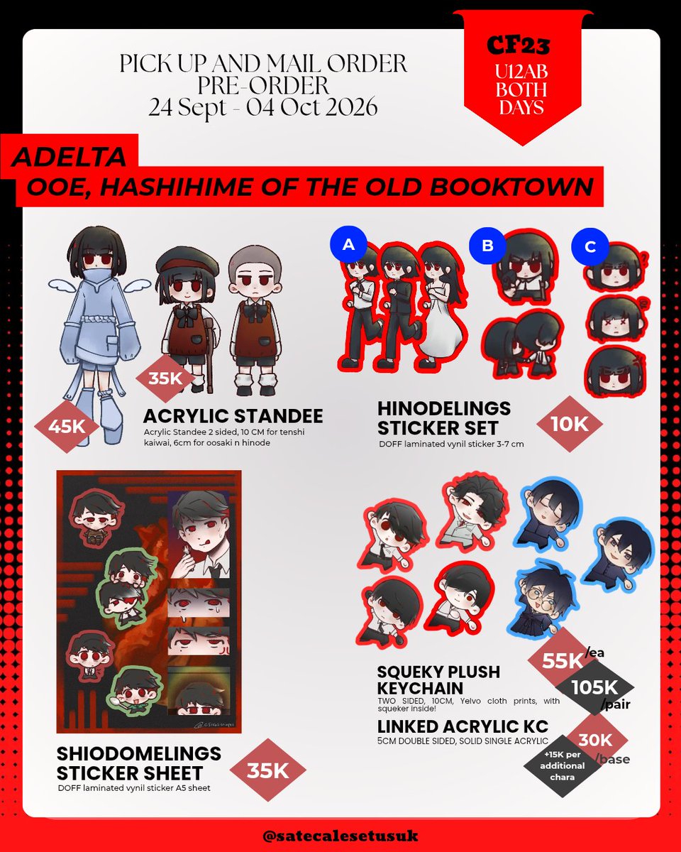 satecalesetusuk's tweet photo. RT &amp; ♥️ are appreciated🌟

Here is my 2nd batch mail order &amp; pick up PO for #CF23 
⏰ 24 Sept - 04 Oct
📍U12 both days
🔗 https://t.co/ajKE7T3pAx

Fandom:
Ooe, Hashihime
Zeno: Remake, Saihate Station
Karaoke Iko
Limbus Company
Orb, Link Click
Yohaji, MSCH
Original

#cf23catalogue https://t.co/rEOyeHkiQi