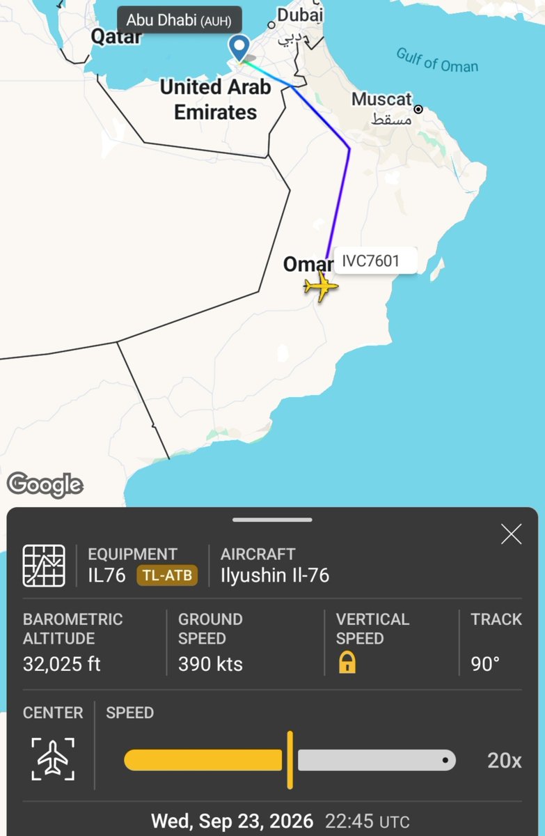 AfriMEOSINT's tweet photo. The UAE military airlift to Ethiopia continues 🇦🇪🇪🇹.

UAE govt-linked Invicta Air IL-76TD cargo aircraft (reg. TL-ATB) departed Abu Dhabi’s Al Reef Air Base 🇦🇪 for East Africa, likely bound for Ethiopia 🇪🇹, followed by a Batot Air IL-76TD (reg. XT-ABL) on a similar route. https://t.co/NQ3nH5yOQo