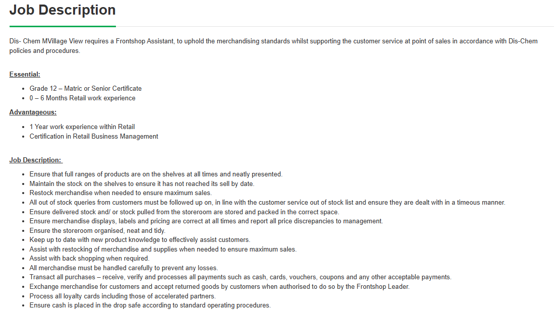 HunterSpani's tweet photo. Job Alert!!!

Company: Dis-Chem Pharmacies Limited
Position: Casual Frontshop Assistant
Location: Johannesburg, Gauteng
Click here to apply: https://t.co/OYQchkKhSc

Closing Date: 29 September 2026

Minimum Requirements:

Grade 12 – Matric or Senior Certificate
0 – 6 Months Retail work experience

Please refer to the picture for more info