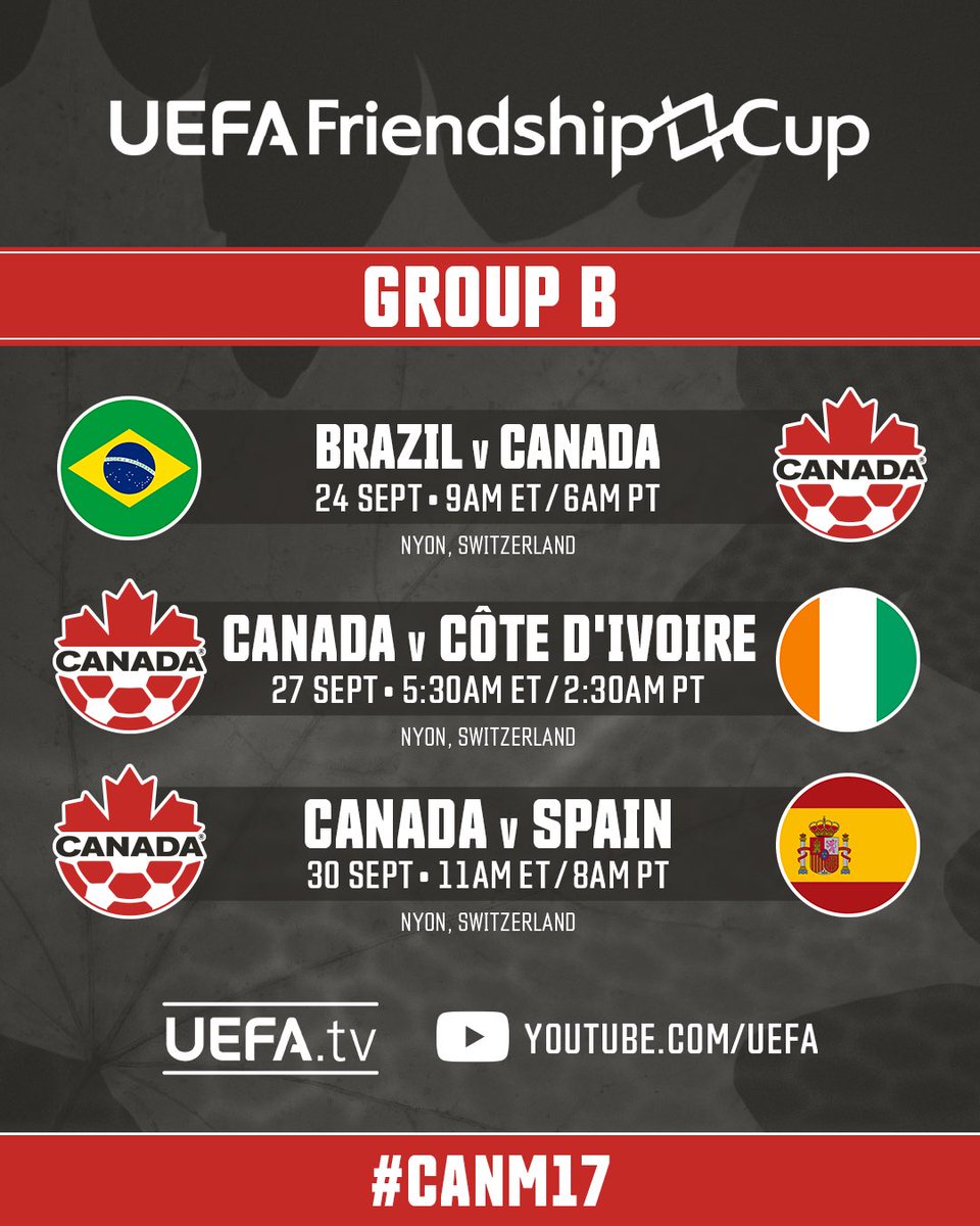 CANMNT_Official's tweet photo. Our #CANM17 UEFA Friendship Cup begins TODAY against Brazil. 

All matches available on UEFA YouTube channel 📺 https://t.co/ORojVi0UXK