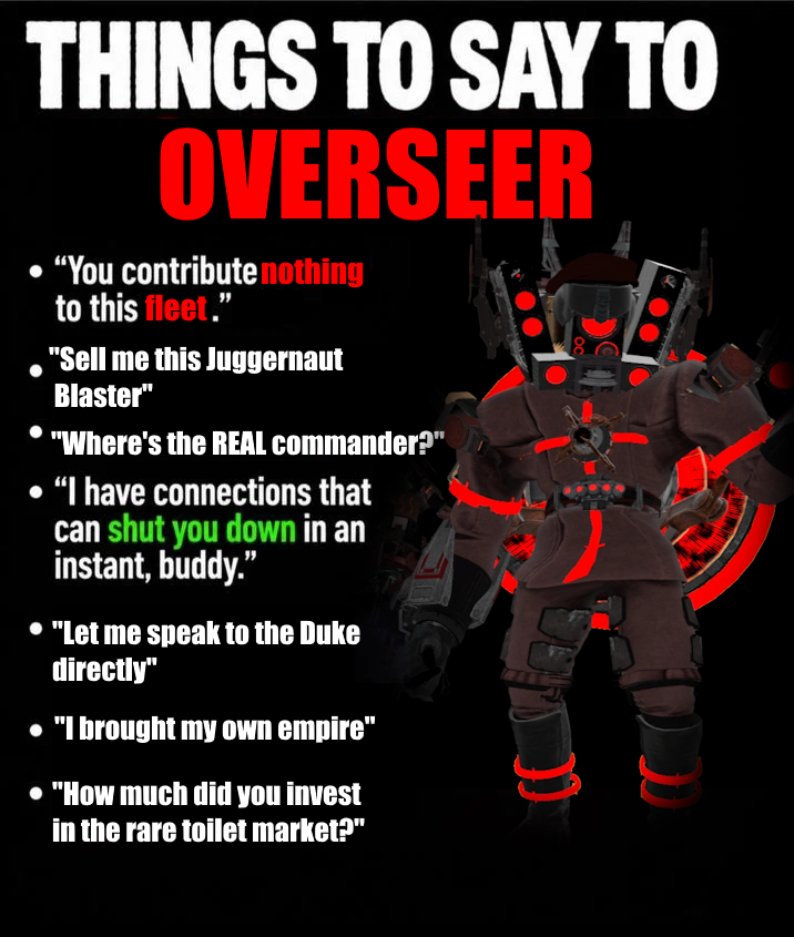 swapysansys's tweet photo. Things to say to OVERSEER
#SKIBIDITOILET https://t.co/jBTrcDqFyS