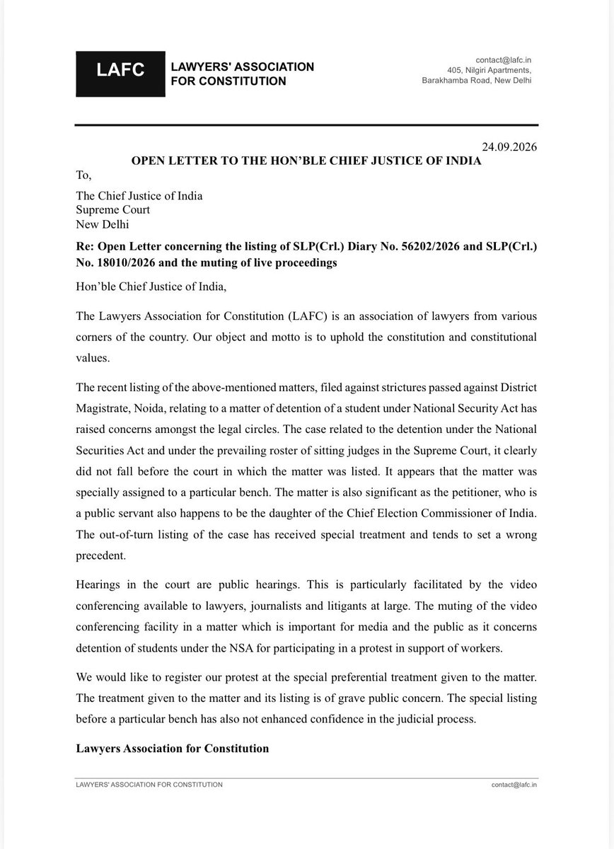 lafcindia's tweet photo. LAFC has addressed an Open Letter to the Hon’ble CJI raising concerns over the out-of-turn listing and Bench assignment in SLP (Crl.) Diary No. 56202/2026 &amp; SLP (Crl.) No. 18010/2026, concerning the detention of a student under the NSA, and the muting of live proceedings. https://t.co/NTPcTM2I8q
