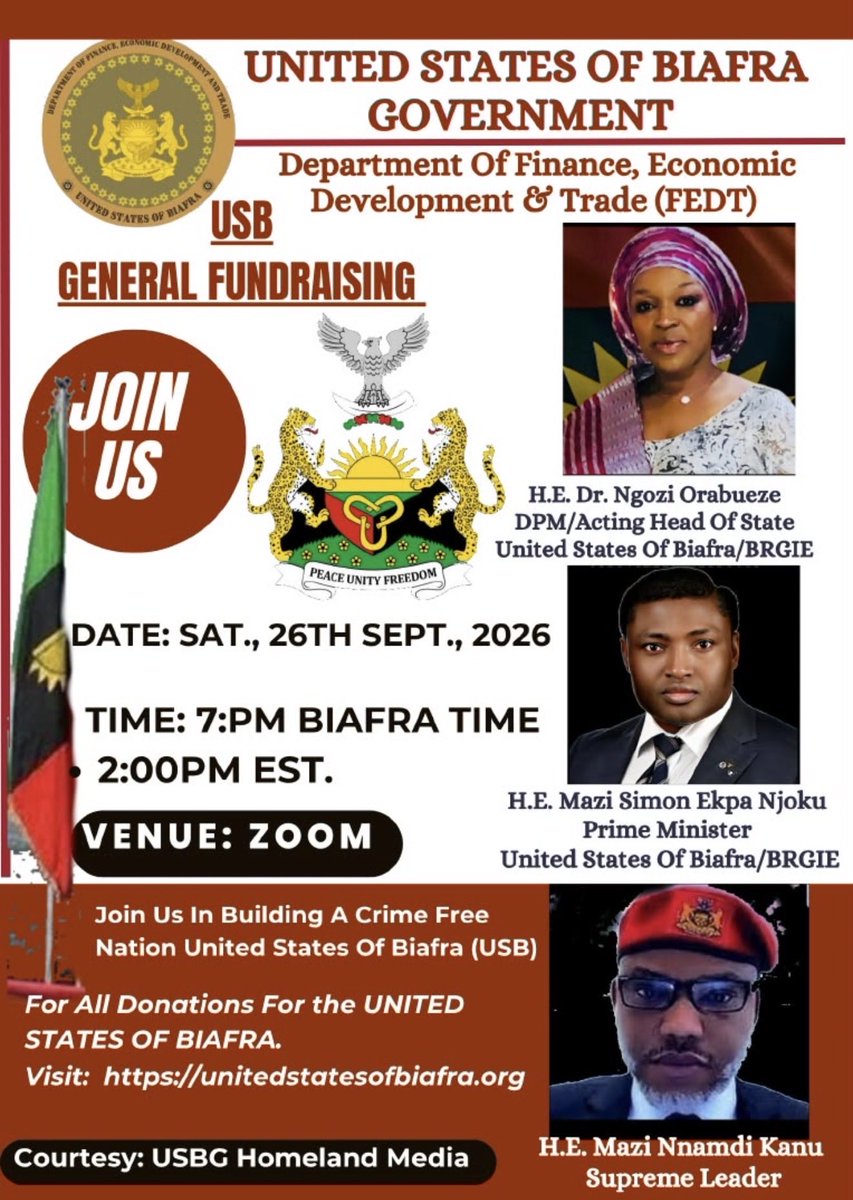 ngoziora's tweet photo. USB General Fundraising / Questions and Comments Session featuring:

USB Attorney General and Secretary of Labor and Productivity

Date: Saturday September 26, 2026

Time: 7:00 PM Biafra time; 2:00 PM est. 

Join Zoom Meeting
https://t.co/CY4LseYaoF

Meeting chat link
https://t.co/QrC8TZzjO9

Meeting ID: 850 4439 6560
Passcode: 096396

---

One tap mobile
 16469313860,,85044396560#,,,,*096396# US
 19294362866,,85044396560#,,,,*096396# US (New York)

---

Join by SIP
• 85044396560@zoomcrc.com

Join instructions
https://t.co/SP4DQHQILA