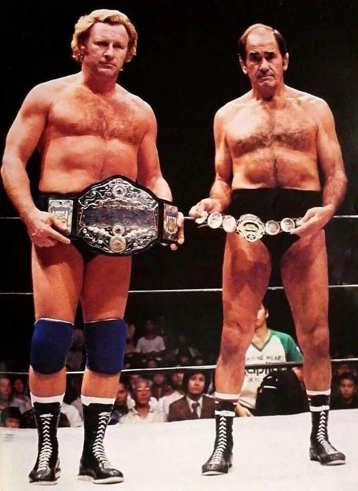 tonyrichards4's tweet photo. As time went on, the title belts got bigger. Nick Bockwinkel and the AWA World Championship title belt and Lou Thesz with his original NWA World Championship title belt https://t.co/69xbabP3HZ
