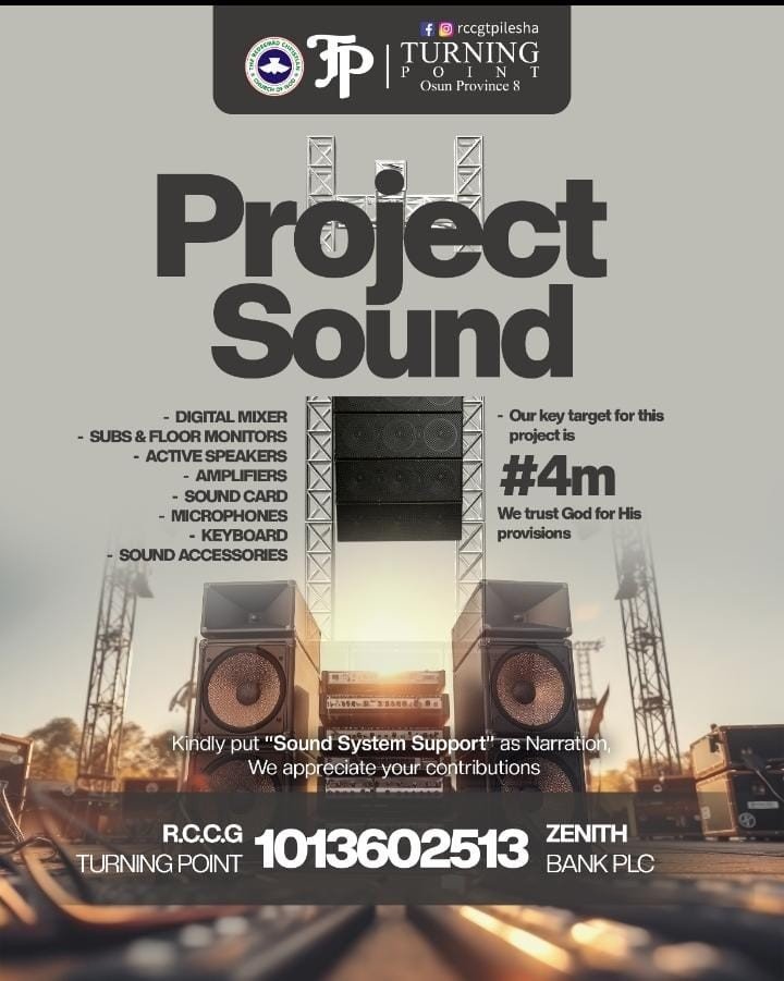 AkintadeAbimbo4's tweet photo. Dear Beloved,
The Youth Fellowship of RCCG Turning Point (Osun Province 8) humbly solicits your financial support and generous contributions toward our ongoing initiative, tagged "Project Sound."
#ProjectSound #RCCG
#TurningPoint
#Province8 https://t.co/KZSl4QxFwn