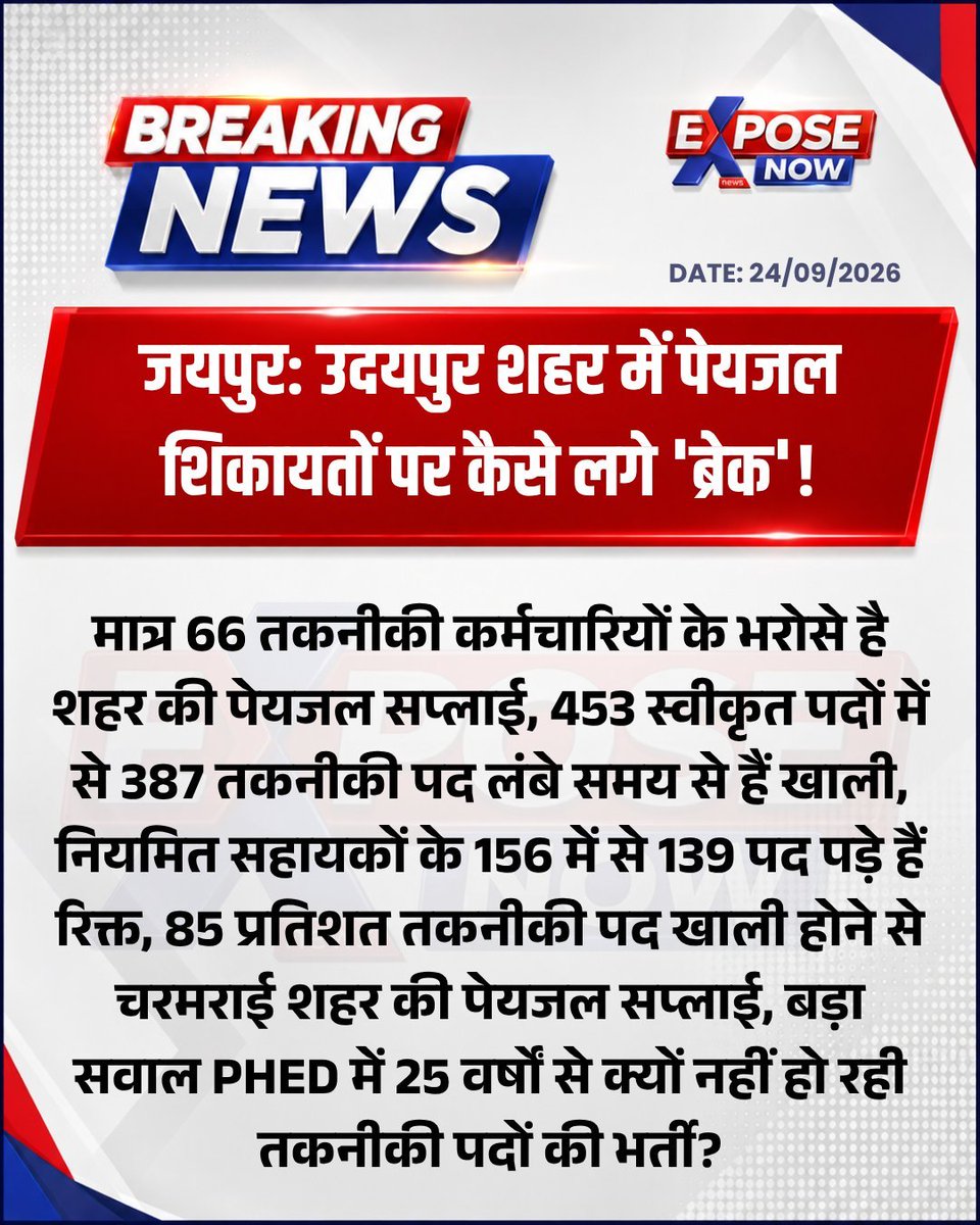 MukeshK48236643's tweet photo. जयपुर: उदयपुर शहर में पेयजल शिकायतों पर कैसे लगे 'ब्रेक'!
मात्र 66 तकनीकी कर्मचारियों के भरोसे है शहर की पेयजल सप्लाई

@RajGovOfficial @RajCMO #Jaipur #PHED #Rajasthan https://t.co/3Y14az2auC