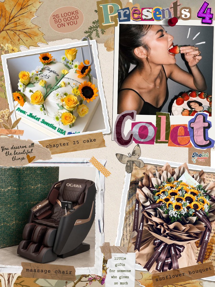 JHOLET_USA's tweet photo. Just a few gifts for someone who deserves to be celebrated. From the cake and sunflowers to a massage chair because boss maem NEEDS to rest too 😭😂, everything was chosen with so much love.

We hope 25 is soft with you, @bini_colet . More happiness, more wins, more dreams coming true, and more moments where you get to simply breathe, rest, and enjoy everything you’ve worked so hard for.

You deserve to receive the same love you give to so many people. 🥹💚

And a HUGE shoutout to our sponsor and helping make this birthday project extra special.
Your generosity really said, “Colet deserves the best, period.” ✨

And of course, a huge thank you to @BiniColetOFC for helping us coordinate everything and making sure our gifts reached our birthday girl. 🥹🌻💚 We truly appreciate all the help, time, and effort you gave us in making this possible.

We appreciate you BIG TIME! 🫶🏻

𝓌𝒾𝓉𝒽 𝓁𝑜𝓋𝑒,
Jholet Sweeties USA 💙💚

#OnceUponA25WithColet 
#BINI_Colet #JHOLETSweetiesUSA