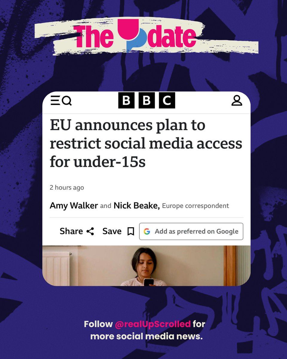 realUpScrolled's tweet photo. The UPdate: The EU wants to ban social media for under-13s.

The "Kids Act" would bar under-13s entirely, and limit 13-15 year olds to parent-supervised "mini accounts."

#UpScrolled #TheUPdate https://t.co/RvcTZipRmH
