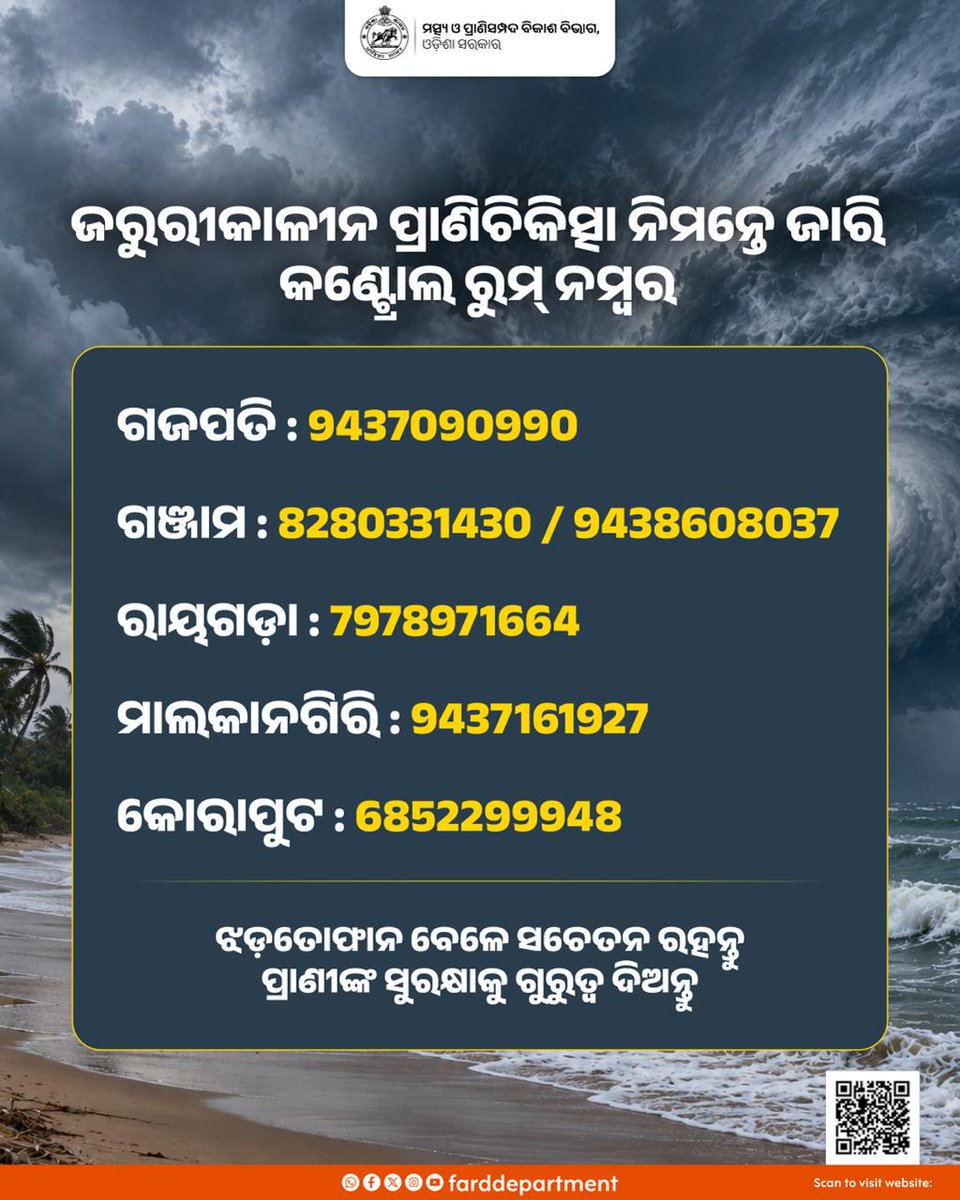 farddepartment's tweet photo. ମତ୍ସ୍ୟ ଓ ପ୍ରାଣିସମ୍ପଦ ବିକାଶ ବିଭାଗ ତରଫରୁ ସମ୍ଭାବ୍ୟ ବାତ୍ୟାକୁ ଦୃଷ୍ଟିରେ ରଖି ବିଭିନ୍ନ ଜିଲ୍ଲାର କଣ୍ଟ୍ରୋଲ ରୁମ୍ ନମ୍ବର ଜାରି କରାଯାଇଛି।

ଝଡ଼ତୋଫାନ ସମୟରେ ନିଜେ ସଚେତନ ରହନ୍ତୁ ଏବଂ ନିରୀହ ପ୍ରାଣୀଙ୍କ ସୁରକ୍ଷାକୁ ଗୁରୁତ୍ୱ ଦିଅନ୍ତୁ। କୌଣସି ଜରୁରୀ ପରିସ୍ଥିତିରେ ତୁରନ୍ତ ଏହି ନମ୍ବରରେ ଯୋଗାଯୋଗ କରନ୍ତୁ।

@CMO_Odisha @GokulanandaBJP @Vijaykulange