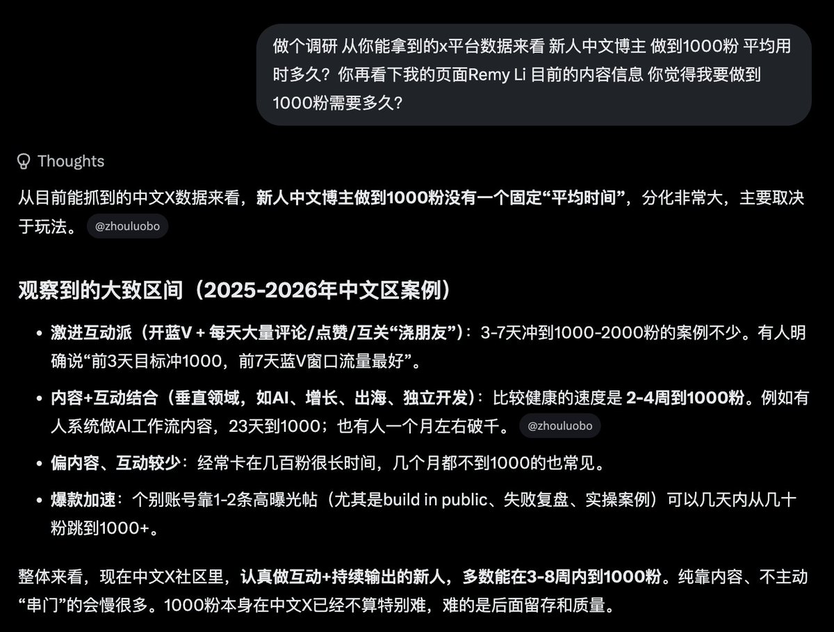 theRemyLi's tweet photo. 挑战中秋3天从0破千1000粉，打Grok的脸！

让Grok做了个调研并给我的情况做个预估，从0到1000粉最乐观的也要2-3周时间。看来我刚才设定的目标有点冲动了。

新蓝V朋友们，能一起互助郊游，共同中秋3天到千粉吗？打打Grok的脸。

#新人中秋从0到千粉挑战 有需求的新朋友接力！

#交朋友 #浇朋友 #蓝V互关 #新人互助