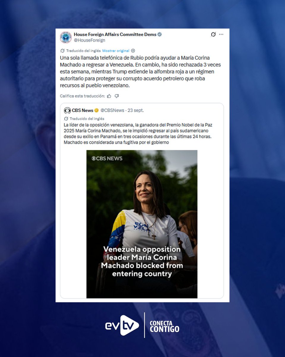 EVTVMiami's tweet photo. 🇺🇸 Congresistas demócratas afirman que una llamada de Rubio ayudaría a María Corina

🏛️ Integrantes del Comité de Asuntos Exteriores de la Cámara de Representantes señalaron que una sola comunicación del secretario de Estado, Marco Rubio, podría facilitar el retorno de la líder opositora a territorio nacional.

⚠️ La instancia legislativa criticó a través de su cuenta en X que la dirigente haya sido rechazada tres veces en la semana, mientras cuestionaron los acuerdos petroleros de la administración estadounidense.

📌 El pronunciamiento recordó que Machado acumula múltiples intentos fallidos de regreso tras bloqueos aéreos y marítimos desde Panamá, donde permanece desde su salida del país en junio.

#NoticiasEVTV #EEUU #Venezuela
