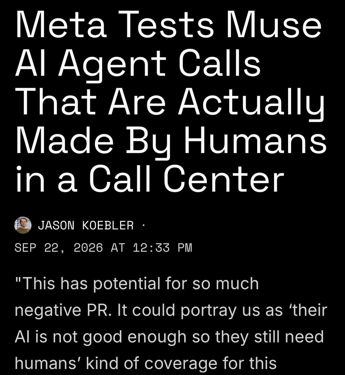 derleomartin's tweet photo. >Meta kündigt an: Muse kann jetzt für dich bei Unternehmen anrufen

>2,5 Mio. Downloads in zwei Wochen, Platz 1 der US-Charts

>intern: "wir haben einen human agent layer ergänzt"

>der human agent layer ist ein Mensch im Callcenter, der den Anruf führt

>Tester erfahren das erst nach dem Gespräch

>Meta beruhigt: die Auftragnehmer sind geschult

>Mitarbeiter: Schulung ist kein Sicherheitsmechanismus

>Mitarbeiter im selben Thread: "This has potential for so much negative PR"

>Test gestoppt, nachdem die eigenen Leute protestiert haben

der Turing-Test läuft rückwärts