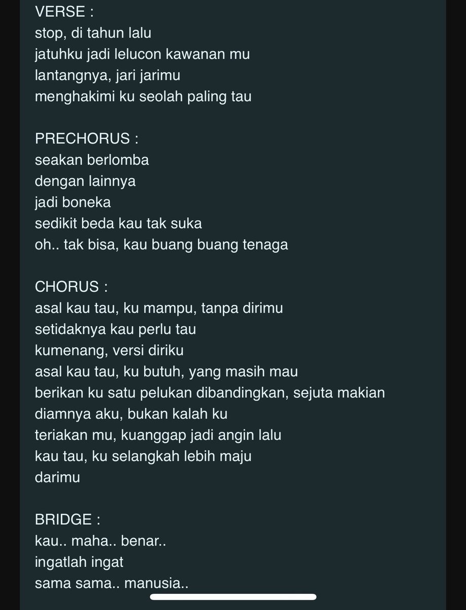 e_xhel29's tweet photo. Bhappp 
Lyriknya mantep amatt🤭🤭🤭 
Jadi pleshbek auuuwwwww

“Lantangnya, jari jarimu 
Menghakimi ku seolah paling tau
Kau maha benar 
Ingat lah ingat 
Sama sama manusia “

Dalem bgt sih https://t.co/iWnFO63PmB