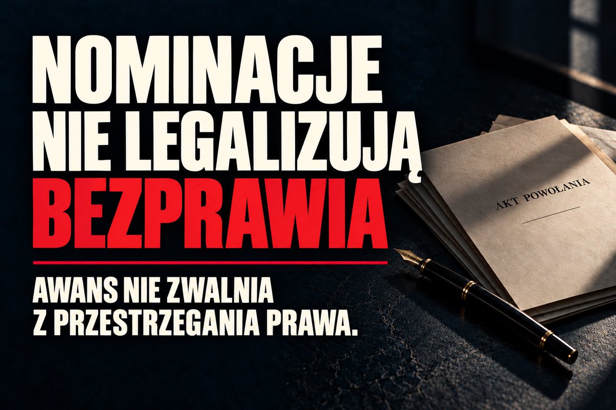 StAdVocem's tweet photo. Można rozdać stanowiska. Nie można w ten sposób nadać swoim działaniom legalności.

ZPG @OstrowskiProk zwraca uwagę na możliwe dalsze skutki dzisiejszych decyzji kadrowych. Niewykluczone, że dzisiejsze nominacje to dopiero początek planowanych zmian.

Niezależnie od zamiarów pozostaje kwestia zasadnicza: Prokuratorem Krajowym jest Dariusz Barski. Wymaganej przez art. 14 § 1 Prawa o prokuraturze pisemnej zgody Prezydenta RP na jego odwołanie nie było.

Nowe nazwiska i kolejne akty powołania nie zastąpią ustawowego umocowania.

Dołączamy do apelu do prokuratorów: przeczytajcie ustawę, zanim przyjmiecie nominacje. Obowiązek przestrzegania prawa nie kończy się tam, gdzie zaczyna się perspektywa awansu.