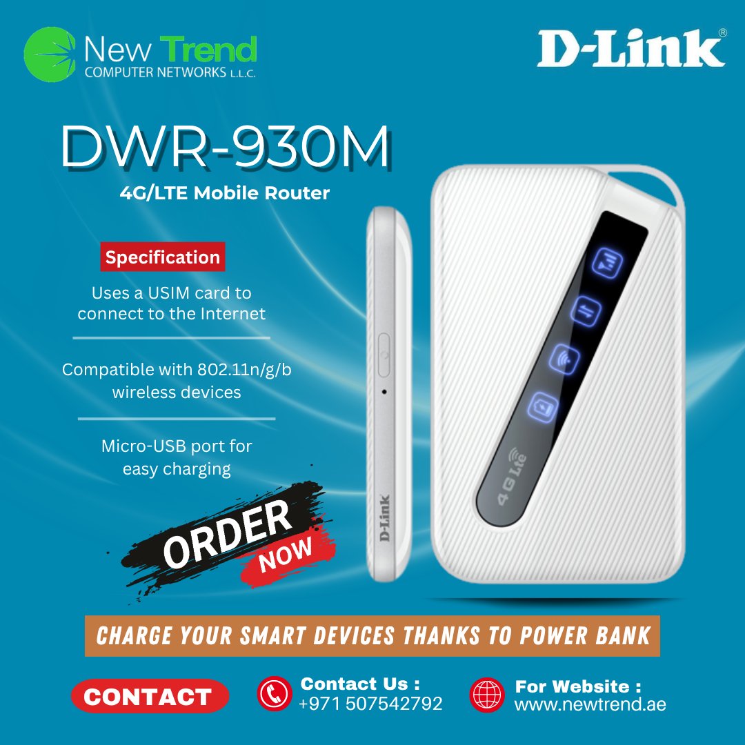 newtrendCN's tweet photo. Stay connected wherever you go with the D-Link DWR-930M 4G LTE Mobile Router. 

For more information,
Visit: https://t.co/Vph7bzUnLM
Live chat: +971 507542792

#DLink #DWR930M #4GLTE #MobileRouter #WiFi #Internet #Networking #UAE https://t.co/ArNGZbMi5C