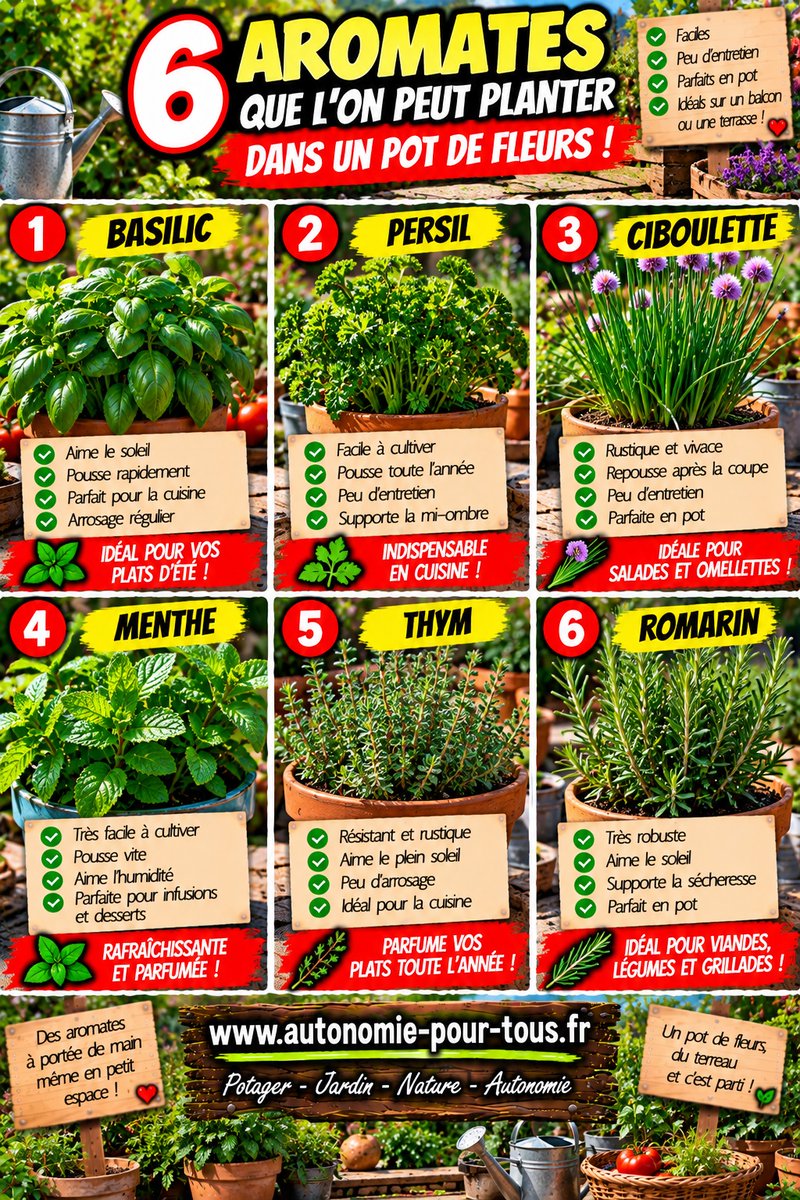AutonomieReel's tweet photo. #Aromates #Balcon #Jardin 🌱 6 aromates pour cultiver même sans jardin ! Un simple pot peut suffire pour cultiver basilic, persil, ciboulette, menthe, thym ou romarin. Sur un balcon ou une terrasse, quelques contenants permettent d’avoir des aromates frais à portée de main toute la saison. 🪴🌿 https://t.co/XccolBb1VB