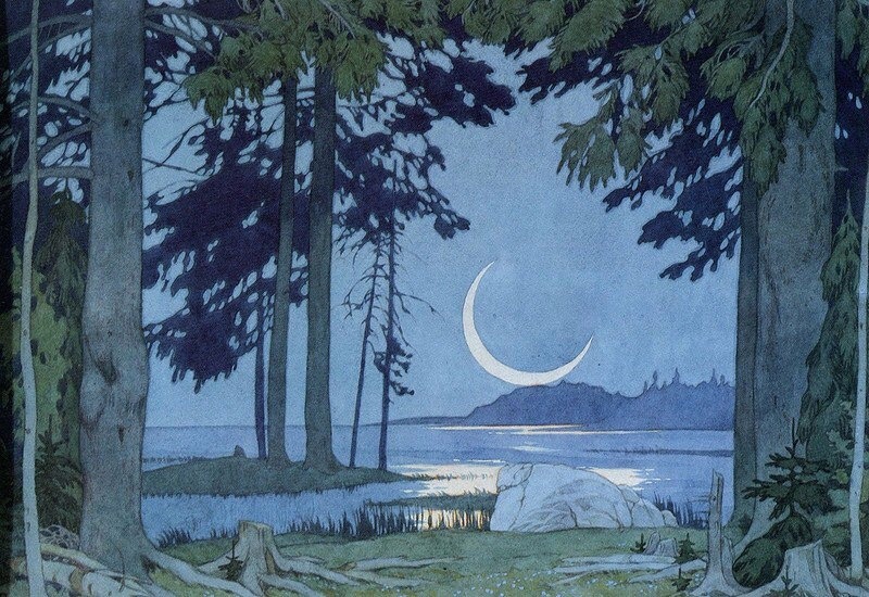 artenpedia's tweet photo. Night on the Shores of Lake Ilmen, Ivan Bilibin https://t.co/YBklDNNMR0