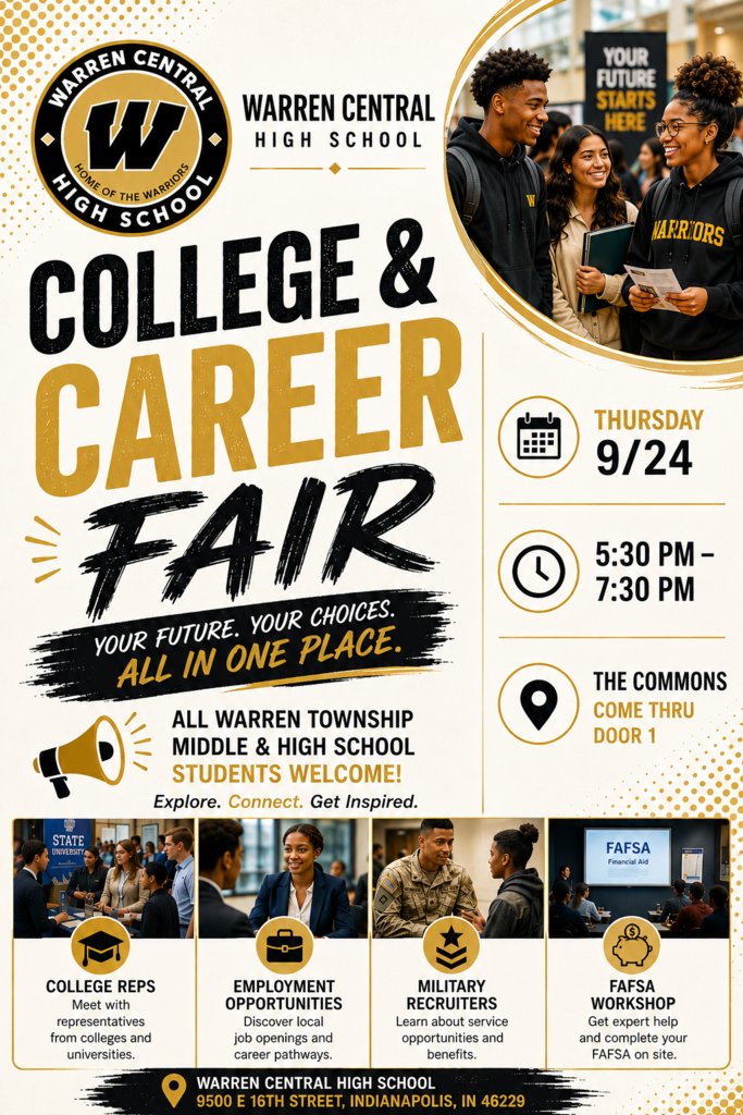 msdwarren's tweet photo. 🎓 The Warren Central College &amp; Career Fair is TODAY! Stop by the WCHS Commons from 5:30–7:30 PM to connect with colleges, trade programs, military reps &amp; local employers. Middle and high school students and families are encouraged to attend! #WarrenWill https://t.co/AYO9xRBCh6