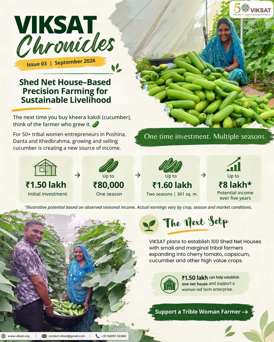 VIKSAT_INDIA's tweet photo. The next time you buy kheera, think of the farmer who grew it. 🥒 50+ tribal women are building farm enterprises through net houses in Gujarat. VIKSAT plans 100 more. 🌱 https://t.co/Mz454Qv7Bj