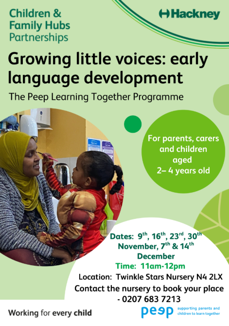 HackneyFIS's tweet photo. Growing Little Voices: Early Language Development
The Peep Learning Together Programme
For parents, carers, and children aged 2–4 years old
Dates: 16/09, 23/09, 30/09, 07/10, 14/10, &amp; 21/10
Time: 11:00 AM – 12:00 PM
Location: Twinkle Stars Nursery, N4 2LX https://t.co/HU0viy28Ri