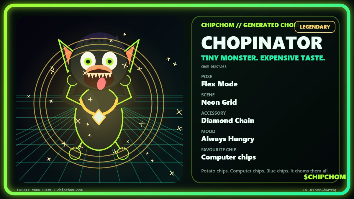 chipchomcoin's tweet photo. CHIPCHOM is live — and the site is doing more than showing a CA. 👾
✅ Trade on StonkFun
✅ Read-only wallet lookup
✅ Top Choms leaderboard
✅ Roll your own Chom
✅ 1% Reward mode · NVDAX
⏳ First verified reward receipt pending
https://t.co/NM82sNrSZt
#CHIPCHOM #Solana https://t.co/qG0iUuUZ6L