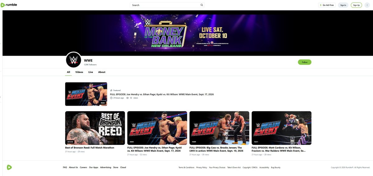 WrestleTalk_TV's tweet photo. JUST ANNOUNCED - WWE Main Event is set to air at 8pm ET on Wednesday nights starting October 14, moving to video platform Rumble instead of streaming on YouTube on Thursdays

"The WWE series 'Main Event' is heading to video platform Rumble, Variety has learned exclusively.

"The weekly series has been airing on YouTube since the beginning of 2026. It will move to Rumble beginning Oct. 14, airing every Wednesday at 8 pm ET/5 pm PT. Episodes will be available at Rumble(dot)com/WWE and connected mobile and TV apps as part of Rumble Sport’s lineup.

"'Serving a digital-first audience is a core focus for WWE, and Rumble has built an accessible platform that is committed to delivering premium sports and entertainment programming,' said Alex Varga, executive vice president at WWE."

(Variety)