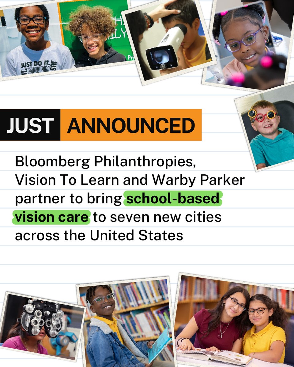BloombergDotOrg's tweet photo. Bringing vision care directly to schools helps more students see clearly, participate fully, and succeed in the classroom. 

Through an $8.4 million investment, we're partnering with @VisiontoLearn – with support from @WarbyParker in select cities – to help up to 50,000 students across the country get the support they need to learn and thrive.

Learn more: https://t.co/44SqibaWcf