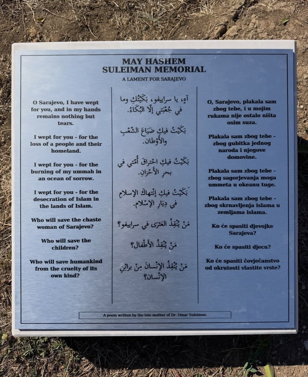 omarsuleiman's tweet photo. In 1993, while Sarajevo was under siege, my mother (rahimahallah) wrote a poem for a city she had never seen. It began: “O Sarajevo, I have wept for you, and in my hands remains nothing but tears.”

Over the last few years, I’ve read her poem in different settings in Bosnia. Someone suggested placing it in a memorial to her and planting a tree as a sadaqa jariya for her. Today, alhamdulillah, that happened in Alija Izetbegovic Park, in front of Istiklal Mosque.

The mosque was built by Indonesia in the 1990s as a gesture of solidarity with the people of Bosnia. It means so much to me that my mother’s words now have a place there. A Palestinian woman who saw her own people’s pain, and the Bosnian cause, as her own.

Standing next to me in the first photo is the only son of Shaheed Safet Hadzic (rahimahullah), a Bosnian hero who was martyred defending this area.

Thank you to Mayor Semir Efendic and everyone who helped make this possible, and to my brothers at Islamic Relief Canada, especially Emir Cacic and Tufail Husain, who followed through on this with so much care. Thank you also to Imam Edin and the community of Istiklal Mosque for welcoming my mother’s words.

If you go to Bosnia, and you should, please visit the park, read her poem, and make dua for her and all of the martyrs of Bosnia that she shed those tears for.