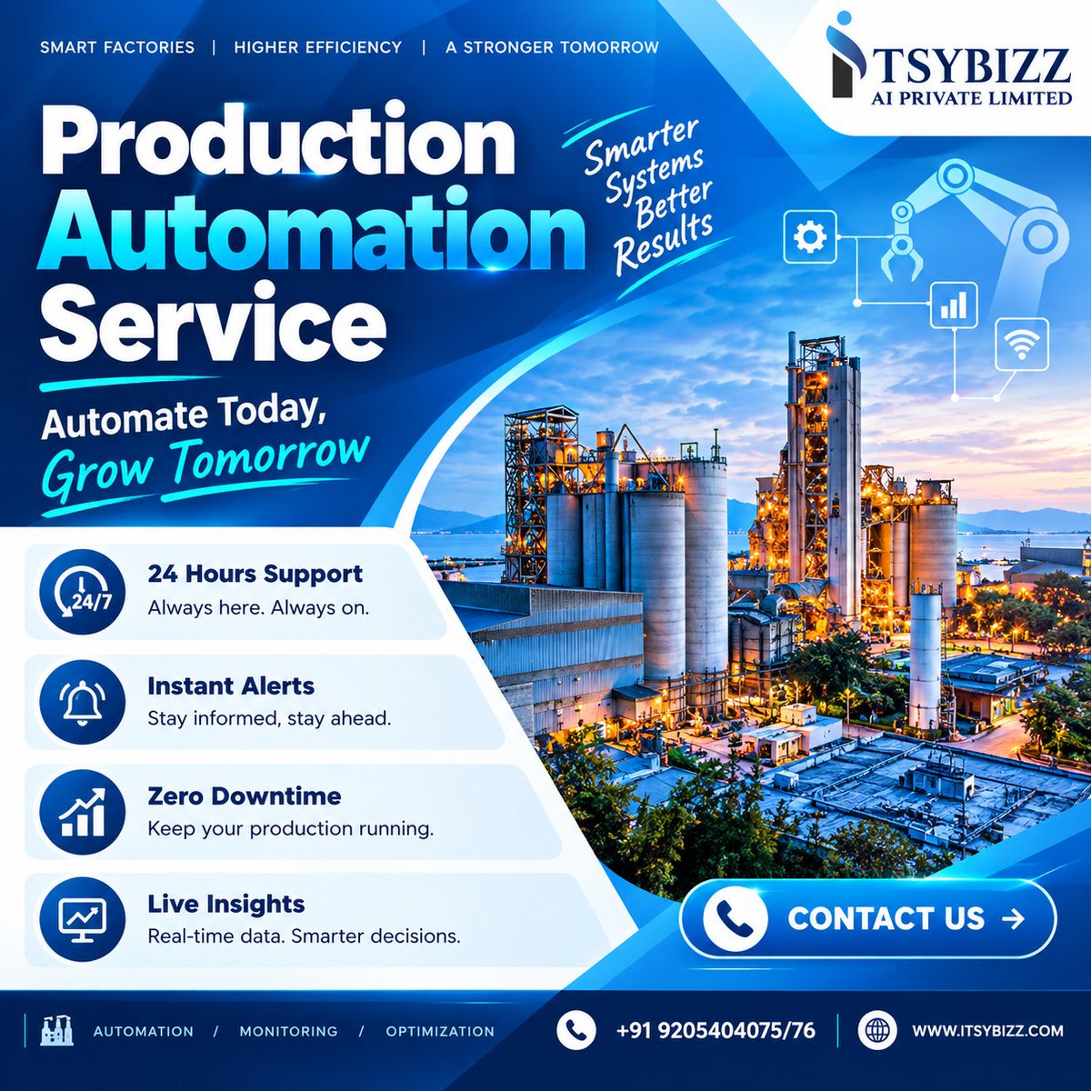 itsybizz's tweet photo. Make Your Factory Smarter with Production Automation!
⚙️ 24/7 Support
🚨 Instant Alerts
📉 Reduced Downtime
📊 Live Production Insights
Automate Today. Grow Tomorrow.
📞 +91 9205404075/76
🌐 https://t.co/mPsh8KkUrB
#ProductionAutomation #SmartFactory #Industry40 https://t.co/YNWzsqrA4Z