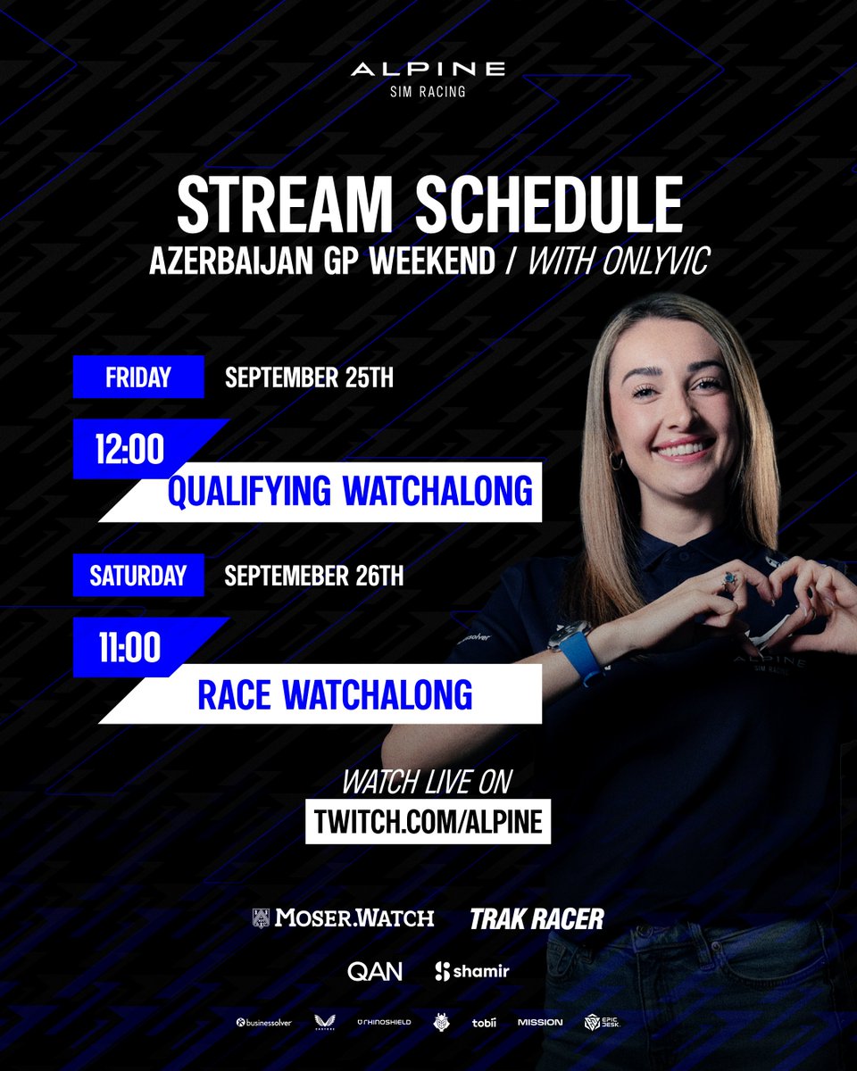 AlpineSimRacing's tweet photo. A busy Baku weekend 😎 

@On1yVic will be doing an Azerbaijan GP watchalong on Friday and Saturday on our Twitch 🫡 

🔵 https://t.co/U6w2KocfVz https://t.co/S9iilWsACN